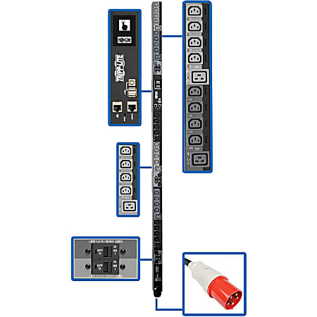 Tripp Lite 27.7kW 3-Phase Switched PDU, LX Platform Interface, 220/230V Outlets (24 C13/6 C19), Touchscreen LCD, IEC 309 63A Red 380/400V, 0U, TAA