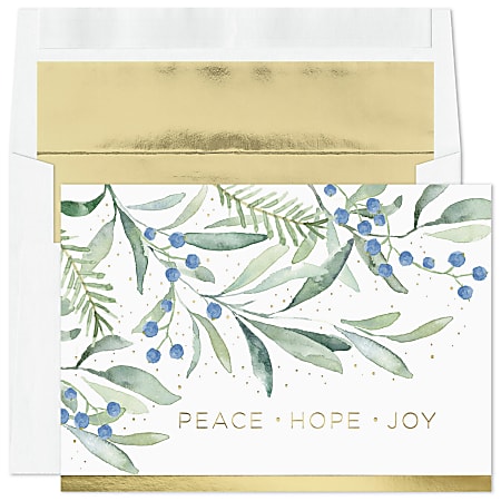 Custom Embellished Holiday Cards And Foil Envelopes, 7-7/8" x 5-5/8", Watercolor Peace, Box Of 25 Cards