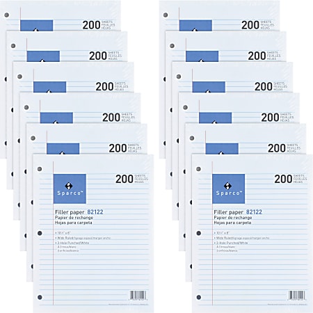 Sparco™ 3HP Notebook Filler Paper, 8" x 10.5", Wide Ruled, 2400 Sheets, White