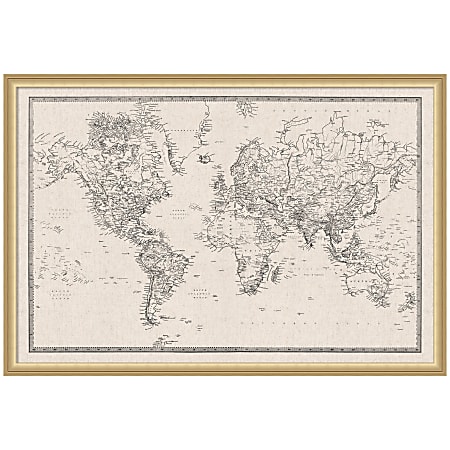 Kate and Laurel Framed Fabric Pinboard, 38 x 26, World Map Pattern, Florence Gold Frame