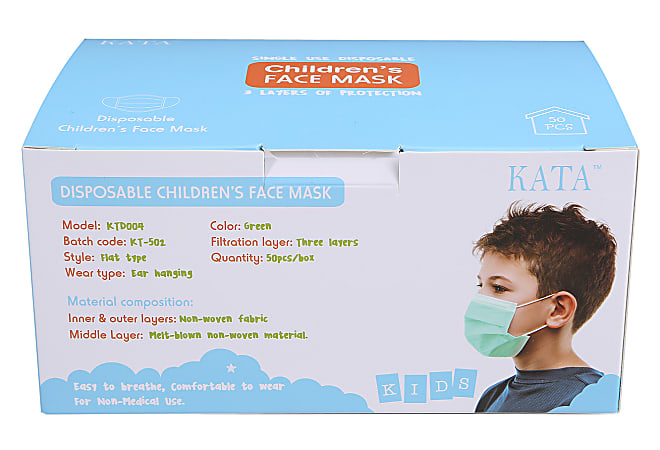 Kata 3 Ply Pleated Disposable Childrens Face Masks One Size Green