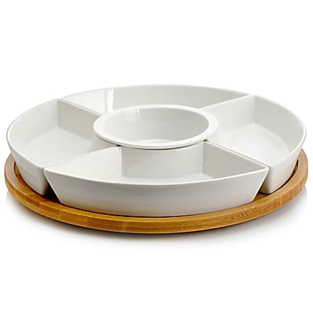 Elama Signature 6-Piece Lazy Susan Appetizer And Condiment Server Set, 2-1/4" x 12-1/4", White/Bamboo