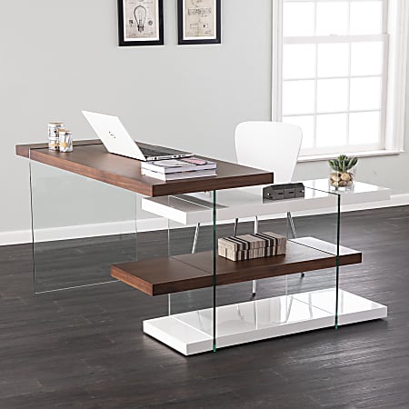 SEI Furniture Ingleson 55”W L-Shaped Standing Desk With Storage, Walnut/White