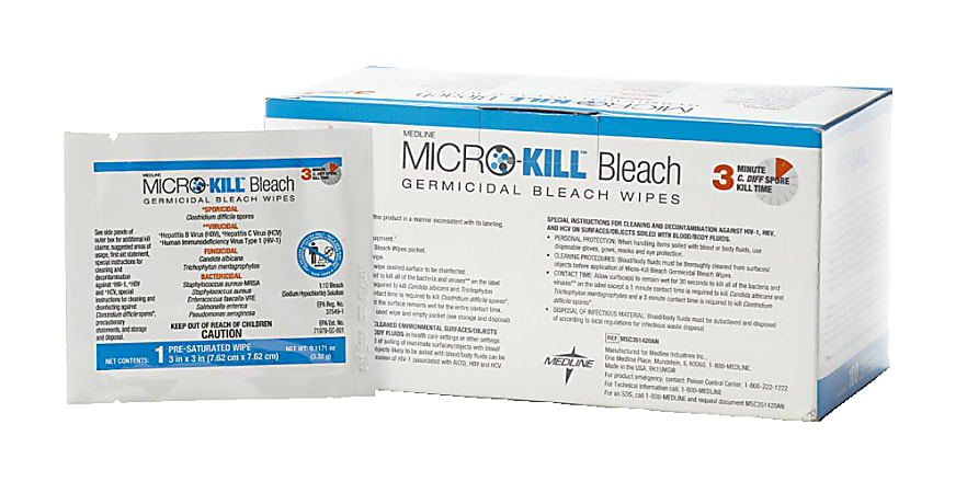 Medline Micro-Kill+™ Bleach Germicidal Bleach Wipes, 3" x 3", White, Box Of 100