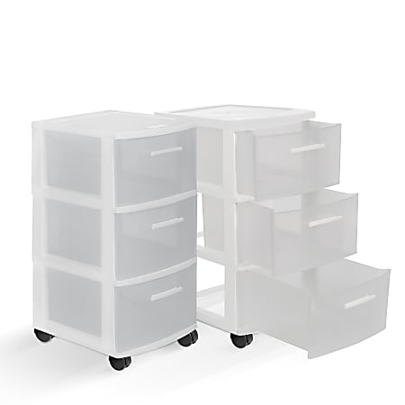 Inval MQ 3-Drawer Rolling Storage Cabinets, 25-1/2”H x 12-1/2”W x 14-1/2”D, White/Clear, Set Of 2 Cabinets