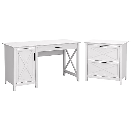 Bush Furniture Key West 54"W Computer Desk With Storage And 2-Drawer Lateral File Cabinet, Pure White Oak, Standard Delivery