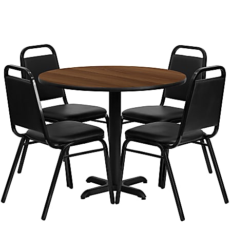 Flash Furniture Round Table With 4 Banquet Chairs, 30" x 36", Walnut/Black