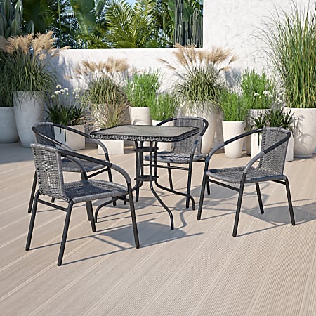 Flash Furniture Rattan Indoor/Outdoor Restaurant Stack Chairs, Gray, Pack Of 4 Chairs