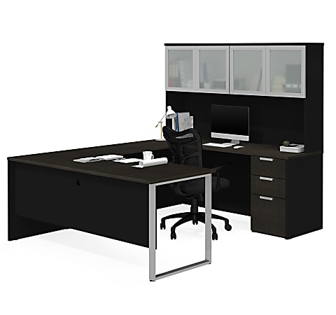 Bestar Pro-Concept Plus 72"W U-Shaped Executive Computer Desk With Pedestal And Frosted Glass Door Hutch, Deep Gray/Black