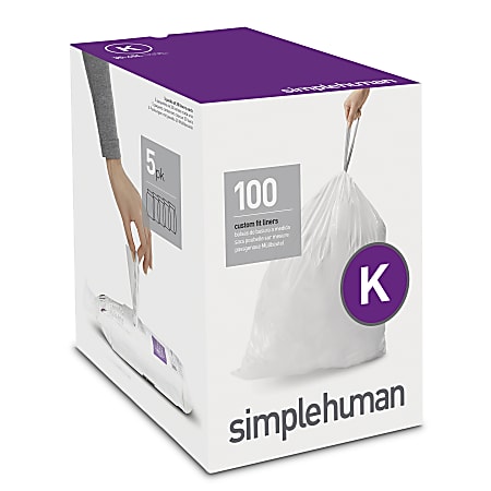 simplehuman Custom-Fit 0.03-mil Trash Can Liners, Code K, 9 - 12 Gallons, White, Pack Of 100 Liners