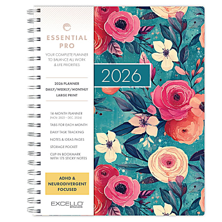 2025-2026 Global Excello Brands Essential PRO Daily/Weekly/Monthly Planner, 8-1/2” x 11", Teal Floral, November 2025 To December 2026