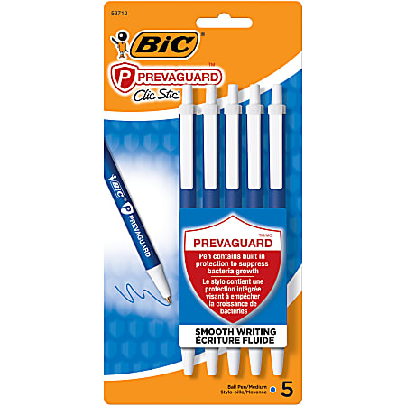 BIC® PrevaGuard Clic Stic Ballpoint Pens With Antimicrobial Additive, Medium Point, 1.0 mm, Blue Barrel, Blue Ink, Pack Of 5 Pens