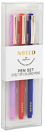 Noted by Post-it® Felt Tip Pens, Fine Point, 0.5 mm, Assorted Barrel Colors, Assorted Ink Colors, Pack Of 3 Pens
