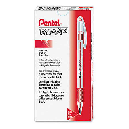 Pentel® R.S.V.P.® Ballpoint Pens, Fine Point, 0.7 mm, Clear Barrel, Red Ink, Pack Of 12