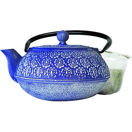 Primula® Blue Floral Cast Iron Teapot, 4 1/2"H x 6 3/4"W x 7 1/2"L, Blue