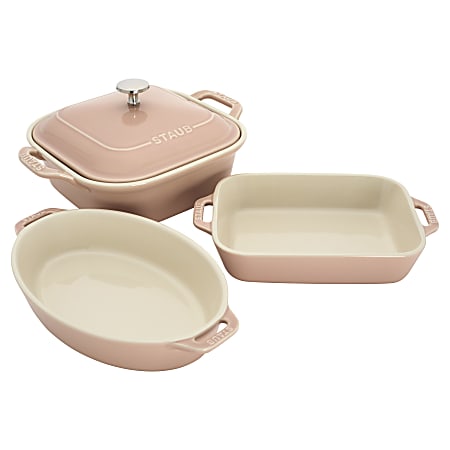 Staub Ceramic 4-Piece Ceramic Mixed Baking Pan Set With Lid, Light Pink