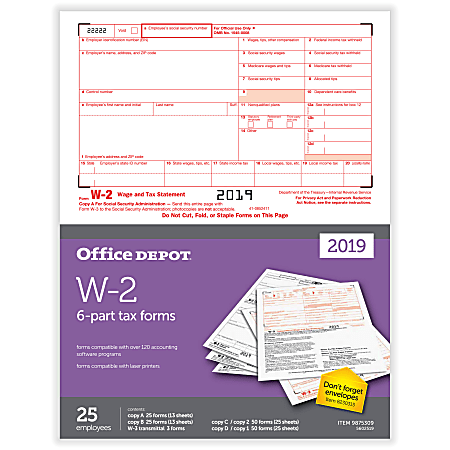 Office Depot® Brand W-2 Laser Tax Forms, 2019 Tax Year, 2-Up, 6-Part, 8-1/2" x 11", Pack Of 25 Form Sets