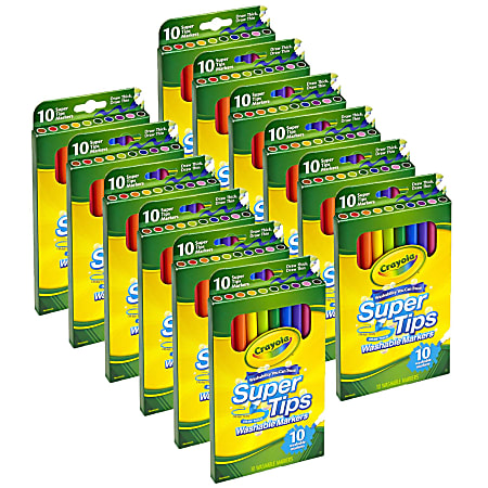 Crayola Washable Super Tips Markers, Conical, Assorted Colors, Pack Of 10 Markers, Set Of 12 Packs