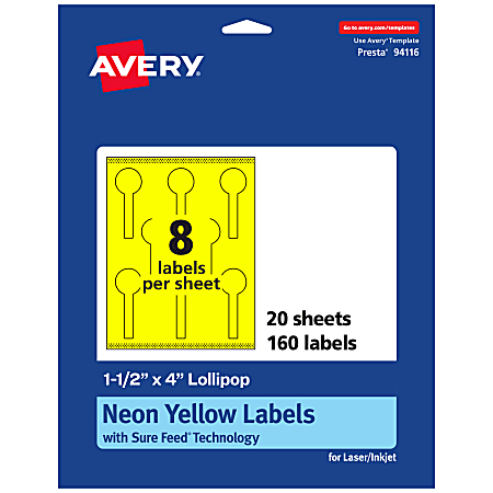 Avery® Print-To-The-Edge Labels With Sure Feed® Technology, 94116-NYP20, Lollipop, 1-1/2" x 4", Matte Neon Yellow, Pack of 160