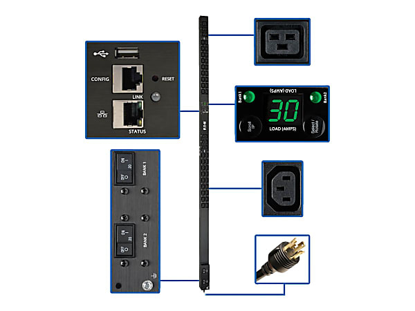 Tripp Lite 5/5.8kW Single-Phase Monitored PDU, LX Interface, 208/240V Outlets (36 C13/6 C19), L6-30P, 10 ft. Cord, 0U 1.8m/70 in., TAA