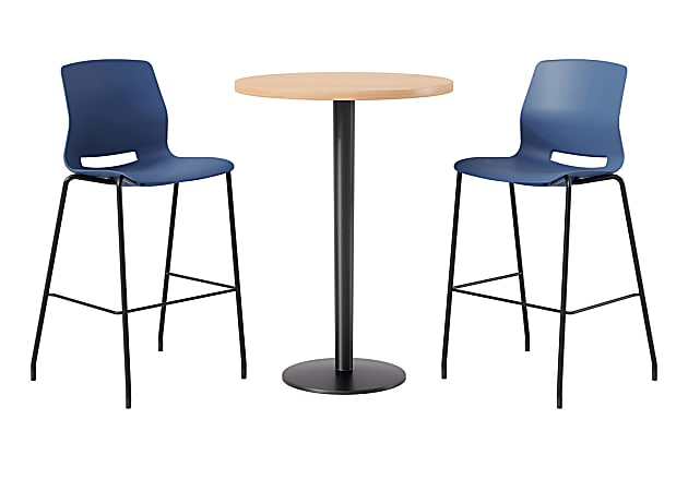 KFI Studios Proof Bistro Round Pedestal Table With Imme Barstools, 2 Barstools, 30", Maple/Black/Navy Stools