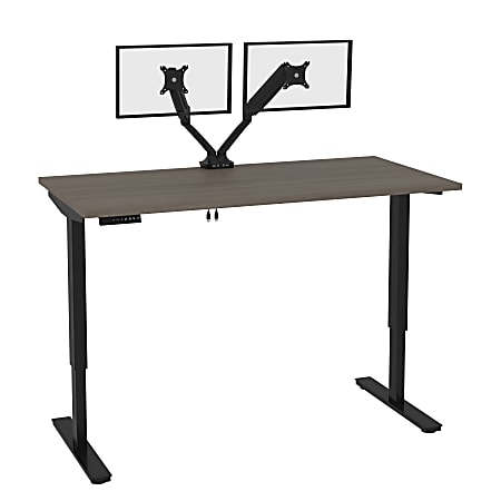 Bestar Universel Electric 60"W Standing Desk With Dual Monitor Arm, Bark Gray