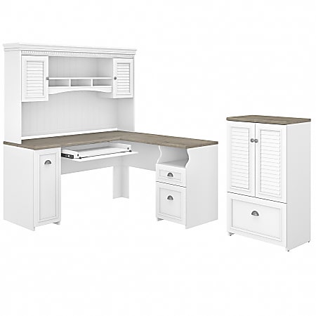Bush Furniture Fairview 60"W L-Shaped Desk With Hutch And Storage Cabinet With File Drawer, Shiplap Gray/Pure White, Standard Delivery