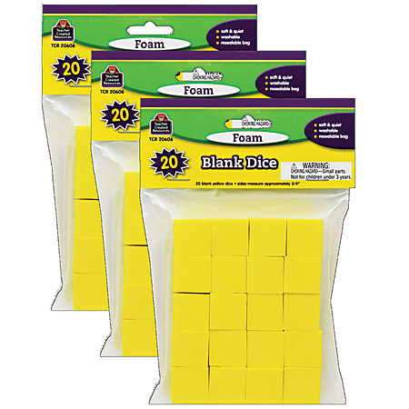 Teacher Created Resources Foam Blank Dice, 3/4", Yellow, 20 Dice Per Pack, Case Of 3 Packs