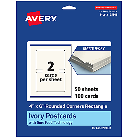 Avery® Printable Postcards With Sure Feed® Technology, 4" x 6" Rectangle Rounded Corners, Matte Ivory, Pack Of 100