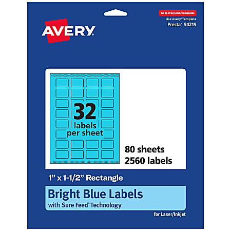 Avery® Print-To-The-Edge Labels With Sure Feed® Technology And Easy Peel®, 94219-BBP80, Rectangle, 1" x 1-1/2", Matte Bright Blue, Pack of 2560