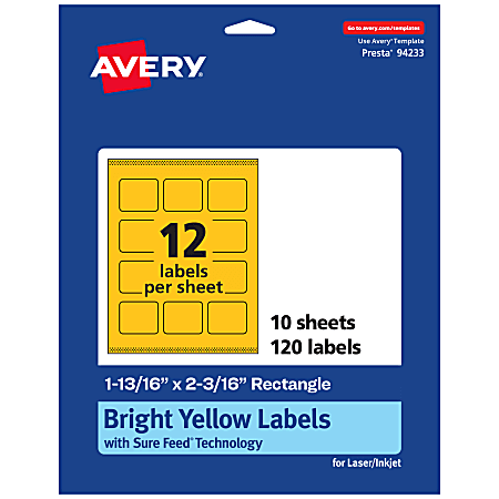 Avery® Print-To-The-Edge Labels With Sure Feed® Technology And Easy Peel®, 94233-BYP10, Rectangle, 1-13/16"x2-3/16", Matte Bright Yellow, Pack of 120