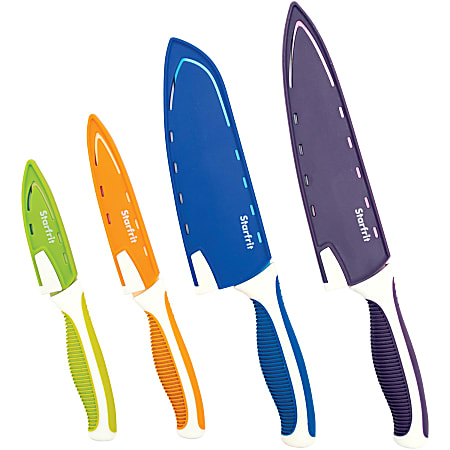 Starfrit&reg; Knives With Integrated Sharpening Sheaths, Assorted Colors, Set Of 4 Knives