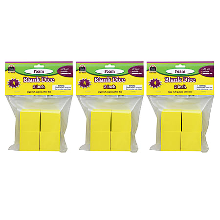Teacher Created Resources Foam Blank Dice, 2", Yellow, 4 Dice Per Pack, Case Of 3 Packs