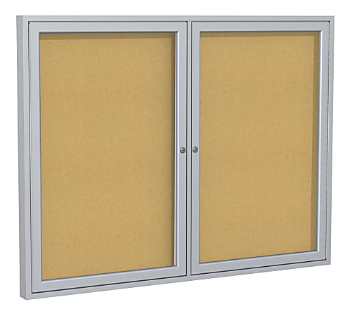 Ghent 2-Door Enclosed Cork Bulletin Board, 48" x 60", Natural, Satin Aluminum Frame