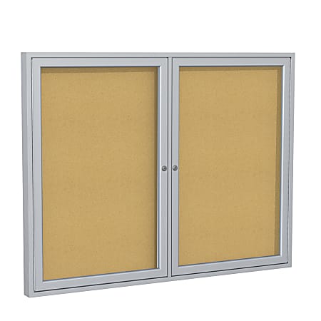 Ghent 2 Door Enclosed Natural Cork Bulletin Board, Satin Aluminum Frame, 48"H x 60"W