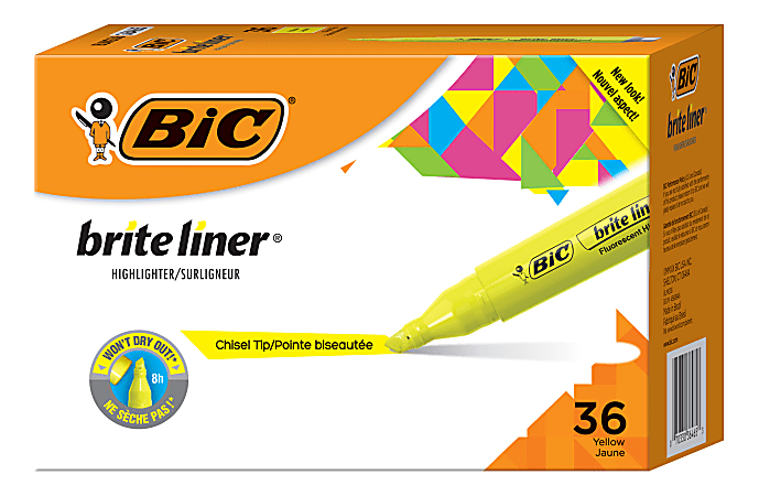BIC® Brite Liner Tank Highlighters, Chisel Tip, Yellow, Pack Of 36 Markers