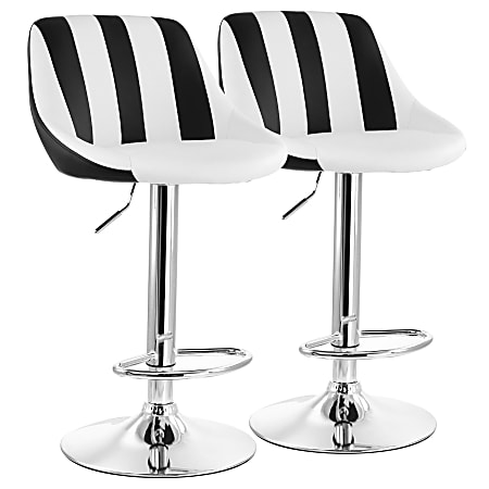 Elama Adjustable Faux Leather Bar Stools, Striped Black/White/Chrome, Set Of 2 Stools