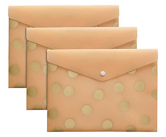 Divoga® Whimsical Wonder Collection Poly Snap Letter Envelopes, 9 1/16" x 12 1/4", Peach/Gold, Pack Of 3