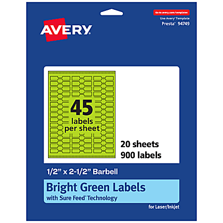 Avery® Printable Labels With Sure Feed® Technology, 94749-BGP20, Barbell, 1/2" x 2-1/2", Matte Bright Green, Pack of 900