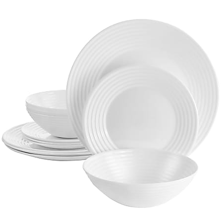 Gibson Ultra Patio 12-Piece Tempered Opal Glass Dinnerware Set, White