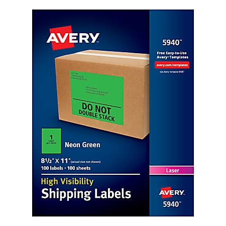 Avery® High-Visibility Permanent Shipping Labels, 5940, 8 1/2" x 11", Neon Green, Pack Of 100