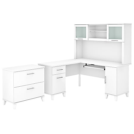 Bush Furniture Somerset 60"W L-Shaped Desk With Hutch And Lateral File Cabinet, White, Standard Delivery