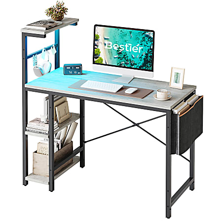 Bestier 45"W Computer Desk With LED Lights And 4-Tier Shelves, Light Gray