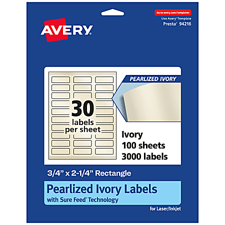 Avery® Pearlized Permanent Labels With Sure Feed®, 94216-PIP100, Rectangle, 3/4" x 2-1/4", Ivory, Pack Of 3,000 Labels