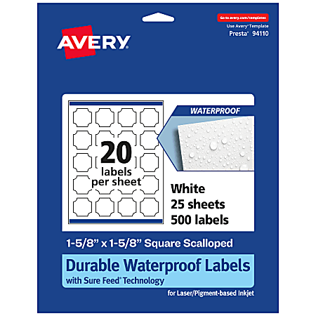 Avery® Waterproof Permanent Labels With Sure Feed®, 94110-WMF25, Square Scalloped, 1-5/8" x 1-5/8", White, Pack Of 500