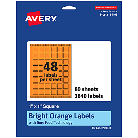 Avery® Print-To-The-Edge Labels With Sure Feed® Technology And Easy Peel®, 94103-BOP80, Square, 1" x 1", Matte Bright Orange, Pack of 3840