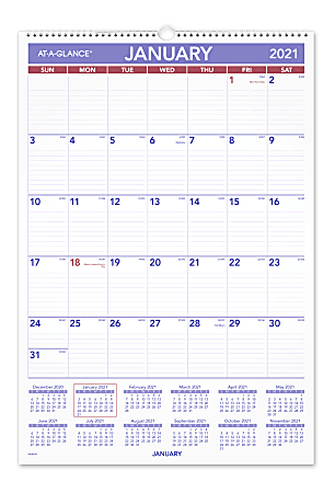 AT-A-GLANCE® Erasable Monthly Wall Calendar, 15-1/2" x 22-3/4", January To December 2021, PMLM0328