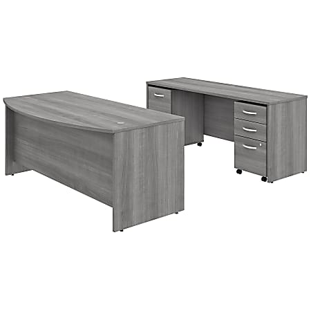 Bush Business Furniture Studio C 72"W Bow-Front Computer Desk And Credenza With Mobile File Cabinets, Platinum Gray, Standard Delivery
