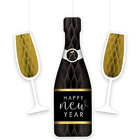 Amscan New Year's Cheer Honeycomb Hanging Decorations, 20", Black, Set Of 6 Pieces