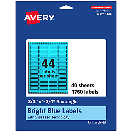 Avery® Print-To-The-Edge Labels With Sure Feed® Technology And Easy Peel®, 94209-BBP40, Rectangle, 2/3" x 1-3/4", Matte Bright Blue, Pack of 1760
